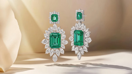 Stunning emerald and diamond earrings showcasing intricate details and craftsmanship, perfect for adding elegance to any special occasion or outfit.の素材