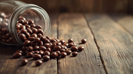 This captivating image features chocolate covered nuts spilling from a glass jar onto a rustic wooden table, showcasing their rich texture and inviting appearance.の素材