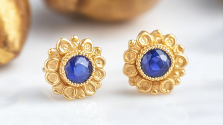 Stunning gold earrings featuring a vibrant blue gemstone center, designed to captivate with their intricate detailing and luxurious appeal. Perfect for any occasion.の素材