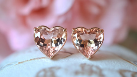 This stunning close-up captures a pair of elegant heart-shaped pink gemstone earrings resting on a soft floral background, perfect for showcasing romantic accessories.の素材
