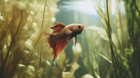 A captivating image of a vibrant orange fish gracefully swimming among lush green aquatic plants, creating a serene underwater atmosphere that showcases natureの素材