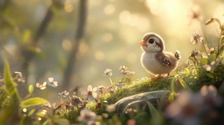 A charming scene featuring a young bird nestled on soft moss, surrounded by delicate flowers and bathed in warm sunlight, evoking a sense of peace.の素材