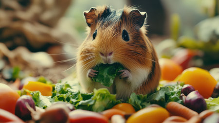 A delightful close-up of a guinea pig happily enjoying a fresh piece of lettuce amidst colorful vegetables, showcasing a vibrant pet lifestyle.の素材