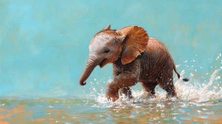 This charming image captures a baby elephant joyfully splashing in water, showcasing its playful spirit and natural beauty in a vibrant outdoor setting.の素材