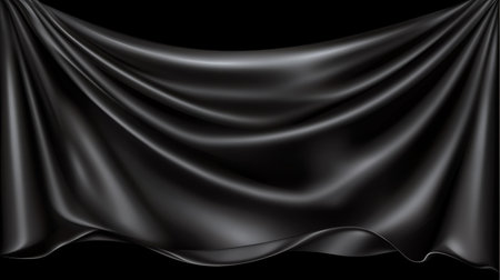 This image features a luxurious black satin fabric with a smooth texture, displaying elegant drapery and folds, perfect for various creative projects.の素材