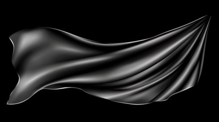 This image showcases an elegant black silk fabric flowing gracefully against a dark background, embodying luxury and sophistication for various design concepts.の素材