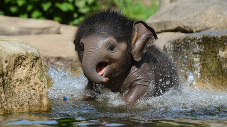 A delightful baby elephant joyfully splashes in shallow water, creating a heartwarming scene filled with energy and innocence in its natural habitat.の素材