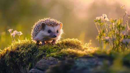 A delightful hedgehog stands on a moss-covered log surrounded by blooming wildflowers, illuminated by warm golden hour light, showcasing nature's beauty.の素材