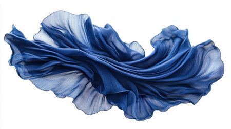 A stunning representation of a flowing blue fabric gracefully billowing against a white background, showcasing the beauty and elegance of textile art in motion.の素材