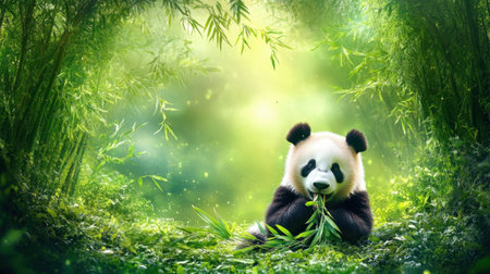 This adorable giant panda is peacefully eating bamboo amidst lush greenery, showcasing its charming features and serene nature in a vibrant environment.の素材