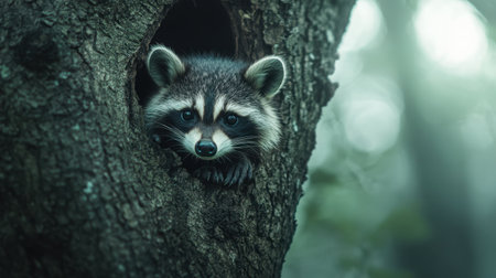 A charming raccoon peeks curiously from a hollow in a tree, surrounded by a soft, serene forest atmosphere. The gentle green tones enhance the enchanting woodland setting.の素材