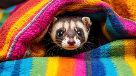 A charming ferret peeks out from a vibrant, striped blanket, showcasing its playful curiosity and soft fur, perfect for conveying coziness and warmth.の素材