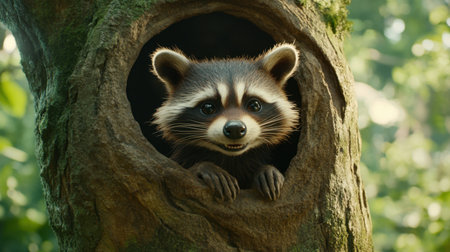 A charming raccoon peers from a hollow in a tree, surrounded by lush greenery and dappled sunlight. This scene captures the essence of wildlife's captivating moments.の素材