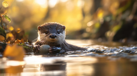 A charming otter playfully swims in a clear stream, holding a ball with its small paws. Surrounded by vibrant autumn leaves, this serene scene captures the beauty of wildlife in nature.の素材