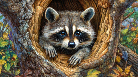 A charming raccoon peeks from a tree hollow, showcasing its adorable face and vibrant fur, surrounded by the rich colors of autumn foliage.の素材