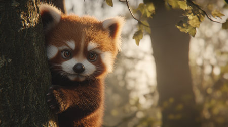 A charming red panda cub playfully peeks from behind a tree, showcasing its adorable features in a tranquil forest. The warm light enhances the scene.の素材