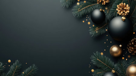 This image showcases an elegant arrangement of black and gold ornaments surrounded by lush green pine branches and pine cones, perfect for holiday themes.の素材