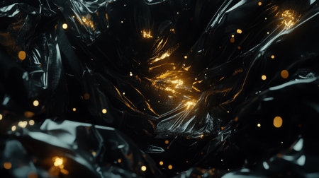A captivating dark abstract background featuring crumpled textures and shimmering golden lights. Ideal for creative projects, designs, and visual arts.の素材