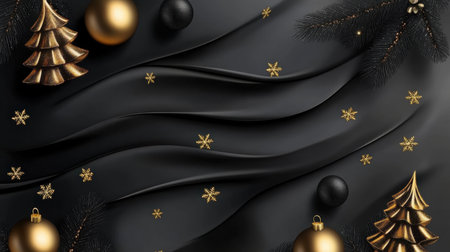 A stunning black and gold themed Christmas background featuring elegant ornaments, decorative trees, and whimsical stars, perfect for holiday visuals.の素材