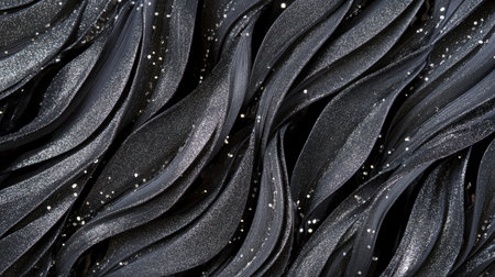 This captivating abstract image features flowing black waves intertwined with shimmering silver glitter, creating a dynamic and stylish background for various design projects.の素材