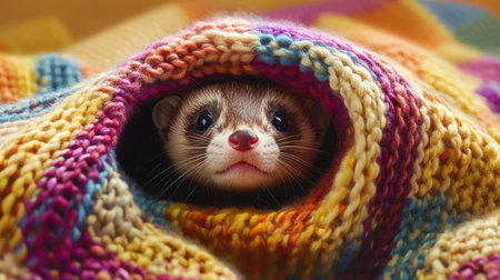 A charming portrait of a cute ferret peeking out from a vibrant knitted blanket, showcasing its curious expression and soft fur. The warm colors create a cozy atmosphere, perfect for animal lovers.の素材