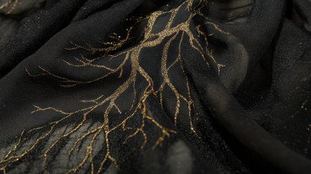 A close-up view of delicate black fabric showcasing an intricate golden leaf pattern. Perfect for fashion, textile design, or elegant decor, this beautiful material exudes luxury and sophistication.の素材