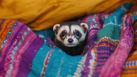 A charming ferret peeks out from cozy colorful blankets, showcasing its playful spirit and adorable features, perfect for animal lovers seeking warmth and comfort.の素材