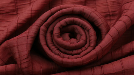 A beautifully rolled fabric in a rich burgundy shade, showcasing a soft texture and detail, ideal for various creative applications, decor, and fashion.の素材