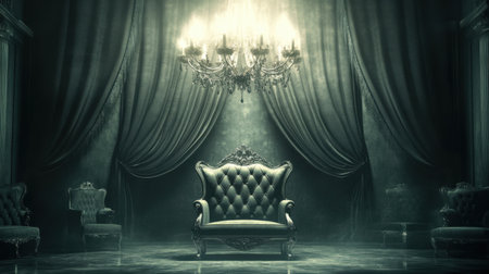 This image showcases a luxurious vintage interior featuring an elegant upholstered chair, adorned with an ornate chandelier and rich drapery. The dramatic lighting creates an inviting and sophisticated atmosphere, perfect for showcasing classic decor styles.の素材