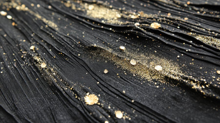 A captivating close-up of a textured black surface adorned with shimmering golden particles. This artistic composition combines elegance and modern design, perfect for various creative projects.の素材