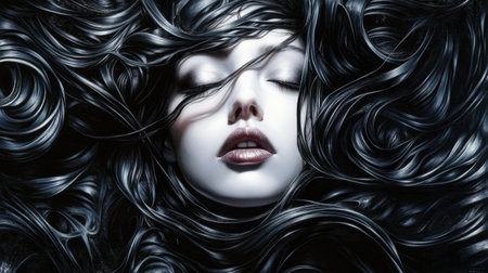 A stunning portrait of a woman with flowing dark hair, embodying beauty and serenity. The image captures a dreamlike essence, showcasing intricate hair textures and a captivating expression that evokes mystery and elegance.の素材