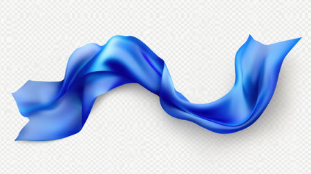 A beautiful blue silk ribbon gracefully flowing against a transparent backdrop, perfect for use in various design and decorative applications.の素材