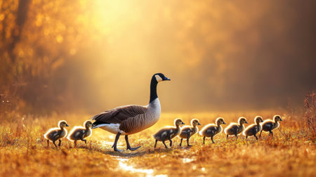 A heartwarming scene of a mother goose guiding her fluffy goslings through a peaceful landscape bathed in morning light, showcasing nature's beauty.の素材