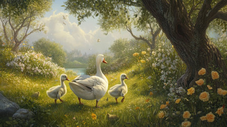 A gentle scene featuring a mother goose and her goslings strolling by a picturesque riverbank enveloped in blooming flowers and lush greenery.の素材