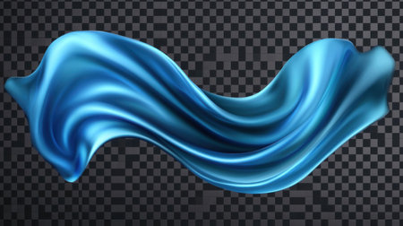A stunning representation of a fluid blue satin fabric, flowing smoothly with elegant waves over a transparent background, perfect for various design applications.の素材