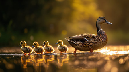 A heartwarming scene featuring a mother duck leading her five ducklings across a glimmering pond at sunset, symbolizing family and nature's beauty.の素材