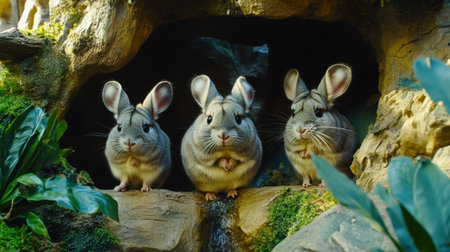 This delightful image features three cute rabbits gathering by a rocky cave, surrounded by vibrant greenery, showcasing a tranquil natural scene.の素材