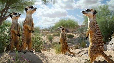 This vivid photo captures a group of four meerkats standing alert in a desert scene. A bright blue sky and scattered clouds create an inviting backdrop, showcasing their inquisitive nature and social behavior.の素材