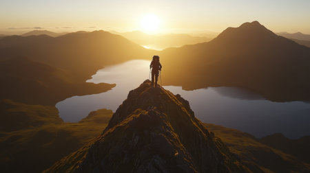 A lone hiker stands on a dramatic mountain peak, absorbing the stunning sunset over a tranquil lake and majestic mountain range, embodying adventure and solitude.の素材