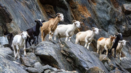 A captivating image of a herd of goats positioned on a rugged rocky landscape, showcasing their natural behavior in a mountainous environment.の素材