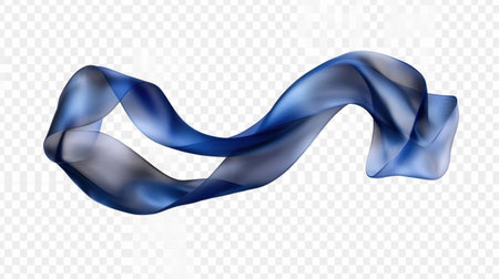 This elegant blue silk ribbon flows gracefully, creating soft wave patterns against a transparent background. Perfect for artistic designs and decor.の素材