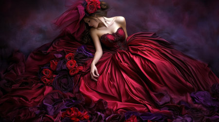 A striking image of an elegant woman draped in a dramatic red dress, surrounded by deep red roses, creating a dreamy and luxurious atmosphere.の素材
