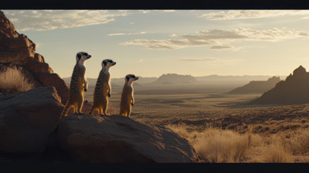 A captivating scene showcasing three meerkats standing on rocks during sunset in a serene desert landscape, highlighting nature's beauty and wildlife observation.の素材