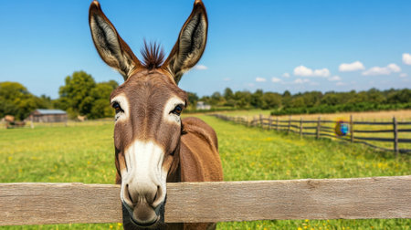 A curious donkey peeks over a wooden fence in a lush green pasture, basking under a bright sunny sky, surrounded by rolling fields and tranquility.の素材