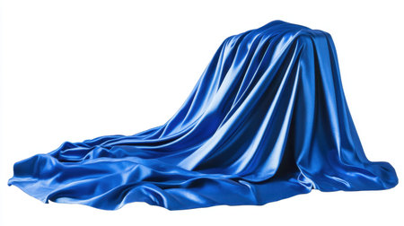 This image features a beautifully draped blue satin fabric showcasing smooth textures and elegant folds, ideal for backgrounds or product showcases.の素材