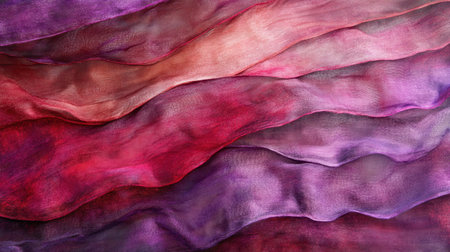 This image features a mesmerizing abstract fabric design with flowing waves in red and purple shades, offering a unique background for creative projects.の素材