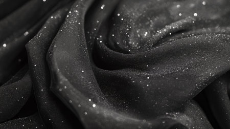 This beautiful black satin fabric features subtle glitter sparkles, creating an elegant and luxurious aesthetic. Ideal for fashion, decoration, and photography.の素材