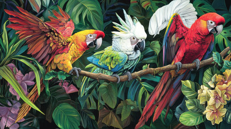 Immerse yourself in a stunning depiction of vibrant parrots perched among lush greenery and exotic flowers, showcasing nature's beauty and colors.の素材