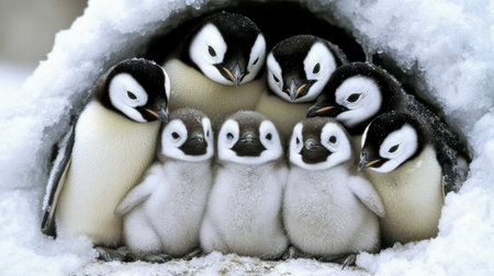 This beautiful image captures a group of emperor penguin chicks nestled together in the snow, showcasing their fluffy appearance and social nature.の素材