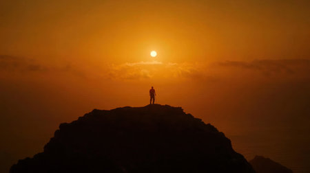 A silhouette of a hiker stands on a rugged mountain peak during a stunning sunset, framed by a vibrant orange sky filled with clouds, capturing the essence of adventure and solitude in nature.の素材